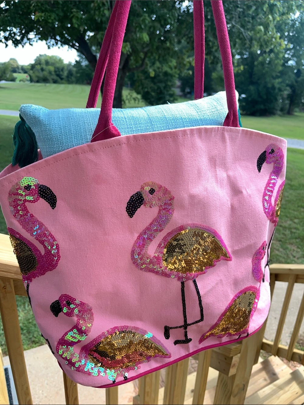 Pink Sequin Flamingo Tote Book Bag Farmers Market Tote - Picture 4 of 10